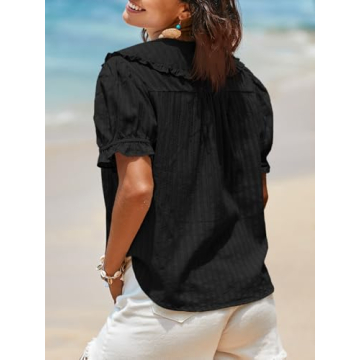 Tankaneo Womens Puff Sleeve Shirts Peter Pan Collar Button Down Cotton Blouse Casual Summer Textured Tops Black