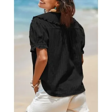 Tankaneo Womens Puff Sleeve Shirts Peter Pan Collar Button Down Cotton Blouse Casual Summer Textured Tops Black