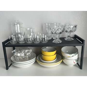 Urhomey plus Expandable Cabinet Shelf Organizer 16-26" L Stackable Kitchen Counter Shelf Rack Sink Riser Countertop Storage Black (Normal 7.9”D)