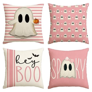 AVOIN colorlife Halloween Hey Boo Cute Ghost Spooky Pink Throw Pillow Covers, 18 x 18 Inch Horror Sc...