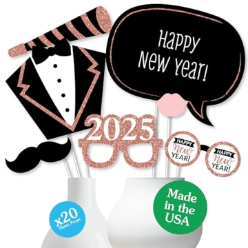 Big Dot of Happiness Rose Gold Happy New Year Party Supplies, 2025 New Year's Eve Photo Booth Props ...