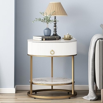 OIOG Round Side Table with Drawer, 2 Tier Night Stand with Shelf, Modern Side Table with Gold Legs f...
