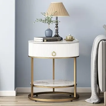 OIOG Round Side Table with Drawer, 2 Tier Night Stand with Shelf, Modern Side Table with Gold Legs f...