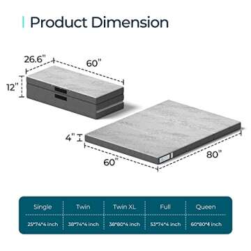 LINSY LIVING Folding Mattress, 4 Inch Trifold Mattress with Soft Cover, Queen Memory Foam Mattess, F...