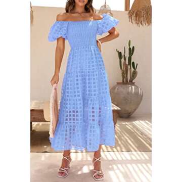 PRETTYGARDEN Women's Casual Summer Dress Puffy Short Sleeve Square Neck Smocked Tiered A Line Maxi Long Dresses (Plaid Sky Blue,X-Large)