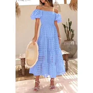PRETTYGARDEN Women's Casual Summer Dress Puffy Short Sleeve Square Neck Smocked Tiered A Line Maxi Long Dresses (Plaid Sky Blue,X-Large)