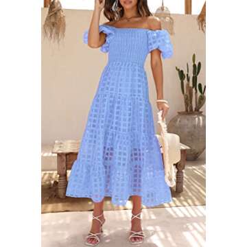 PRETTYGARDEN Women's Casual Summer Dress Puffy Short Sleeve Square Neck Smocked Tiered A Line Maxi Long Dresses (Plaid Sky Blue,X-Large)