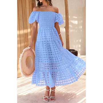 PRETTYGARDEN Women's Casual Summer Dress Puffy Short Sleeve Square Neck Smocked Tiered A Line Maxi Long Dresses (Plaid Sky Blue,X-Large)