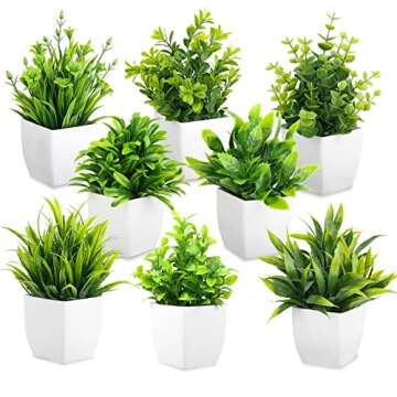 LELEE Artificial Plants Mini Fake Potted Plants, 8 pcs Small Eucalyptus Potted Faux Decorative Grass Plant with White Pot for Home Decor, Indoor, Office, Desk, Shelf, Table Decoration