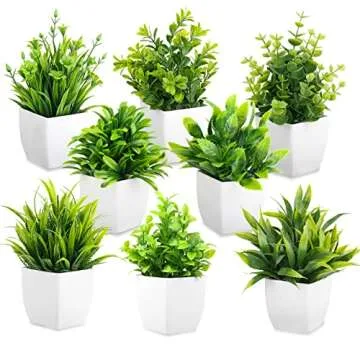 LELEE Artificial Plants Mini Fake Potted Plants, 8 pcs Small Eucalyptus Potted Faux Decorative Grass Plant with White Pot for Home Decor, Indoor, Office, Desk, Shelf, Table Decoration