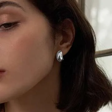 Chunky Gold Hoop Earrings for Women Textured Open Thick Huggie Earrings (Style-A,Silver)