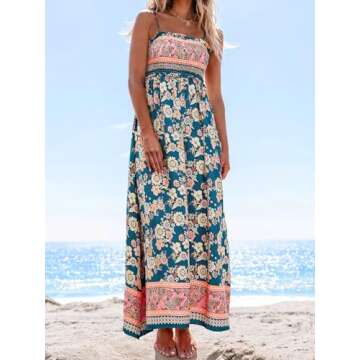 CUPSHE Women's Maxi Dress Floral Smocked Summer Sun Dress Sleeveless Ruffled Spaghetti Straps Long Beach Formal Dress Navy Floral, M