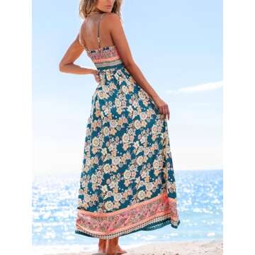 CUPSHE Women's Maxi Dress Floral Smocked Summer Sun Dress Sleeveless Ruffled Spaghetti Straps Long Beach Formal Dress Navy Floral, M
