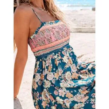 CUPSHE Women's Maxi Dress Floral Smocked Summer Sun Dress Sleeveless Ruffled Spaghetti Straps Long Beach Formal Dress Navy Floral, M