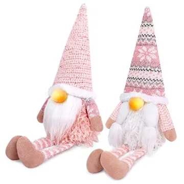 D-FantiX Pink Christmas Valentine Gnomes Decorations, 2Pack Handmade Swedish Tomte Gnome with LED Li...