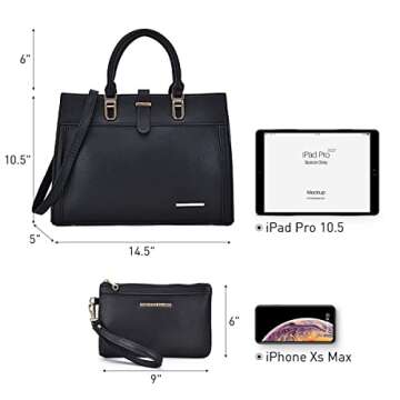 Women's Handbag Flap-over Belt Shoulder Bag Top Handle Tote Satchel Purse Work Bag w/Matching Wristlet (Black) Medium