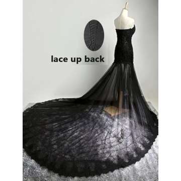 Gothic Vintage Wedding Dress for Women Long Beaded Lace Mermaid Tulle Strapless Bridal Gowns with Train Black 2
