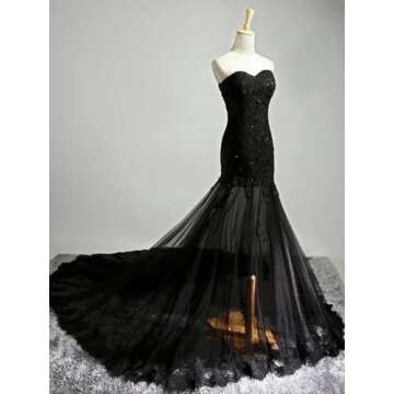Gothic Vintage Wedding Dress for Women Long Beaded Lace Mermaid Tulle Strapless Bridal Gowns with Train Black 2