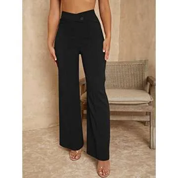 SweatyRocks Women's Overlap Waist Seam Front Palazzo Wide Leg Pants High Waist Long Pant Casual Trousers Black M