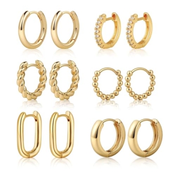 Tasiso Small Hoop Earrings Set – 6 Pairs of Lightweight 14K Gold Plated Huggie Earrings