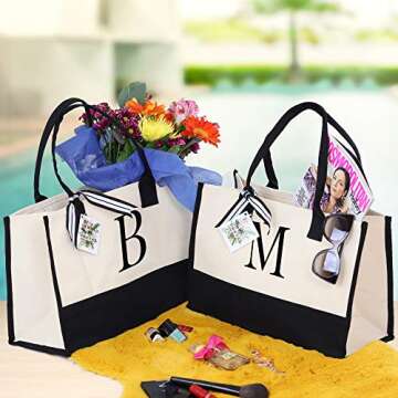 VANESSA ROSELLA Monogram Tote Bag with 100% Cotton Canvas and a Chic Personalized Monogram (Black Block Letter - A)