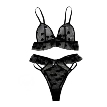 Verdusa Women's Sheer Mesh Lingerie Sets Ruffle Trim Cut Out Bra and Panty Black Medium