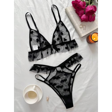 Verdusa Women's Ruffle Trim Mesh Lingerie Set - Black