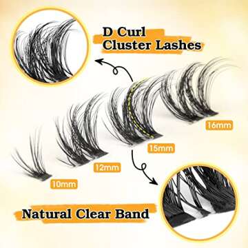 zanlufly Cluster Lashes D Curl False Eyelashes Natural Clear Band Individual Lashes Cat Eye Wispy Lash Extensions DIY Eyelashes Pack, 9.0 Count, 9
