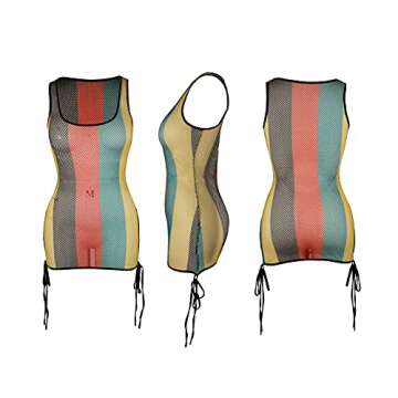 SAMACHICA Womens Tank Colorful Stripe Fishnet Cover up Mini Dress Bikinis Swimwear Rasta Dress