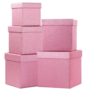 UNIQOOO 5Pcs Pink Glitter Christmas Gift Box Set with Lid, Assorted Size, Rose Gold Square Nested We...