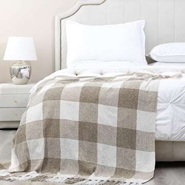 Beige White Buffalo Plaid Decor Blanket, Lightweight Soft Chenille Check Knitted Rustic Farmhouse Th...
