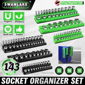 Magnetic Socket Organizer Set, 6-piece 1/4", 3/8", 1/2" SAE & Metric Socket Holder, Drive Socket Tra...