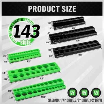 Magnetic Socket Organizer Set, 6-piece 1/4", 3/8", 1/2" SAE & Metric Socket Holder, Drive Socket Trays, Storage Tool Box, Holding 143 Slots, Soft Rubber Covering Black Green Tools