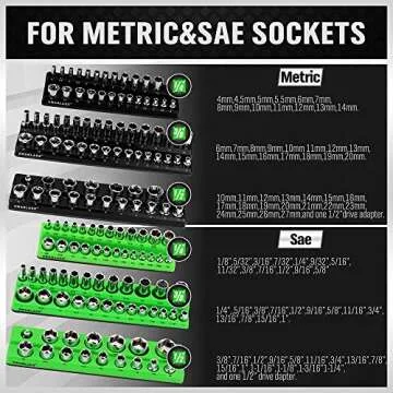 Magnetic Socket Organizer Set, 6-piece 1/4", 3/8", 1/2" SAE & Metric Socket Holder, Drive Socket Trays, Storage Tool Box, Holding 143 Slots, Soft Rubber Covering Black Green Tools