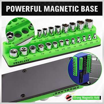 Magnetic Socket Organizer Set, 6-piece 1/4", 3/8", 1/2" SAE & Metric Socket Holder, Drive Socket Trays, Storage Tool Box, Holding 143 Slots, Soft Rubber Covering Black Green Tools