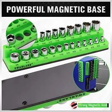 Magnetic Socket Organizer Set, 6-piece 1/4", 3/8", 1/2" SAE & Metric Socket Holder, Drive Socket Trays, Storage Tool Box, Holding 143 Slots, Soft Rubber Covering Black Green Tools