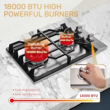 TOPWISH 2 Burner Gas Cooktop - 12" Stainless Steel