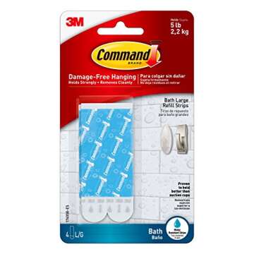 Command Bath Large Water-Resistant Adhesive Refill Strips, 4-Large Strips, Re-Hang Large Bath Hooks ...