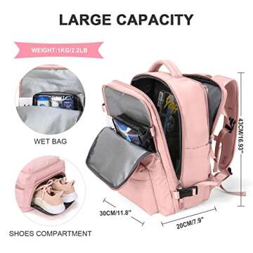 Large Travel Backpack Women, Carry On Backpack,Hiking Backpack Waterproof Outdoor Sports Rucksack Casual Daypack with Shoes Compartment, Pink