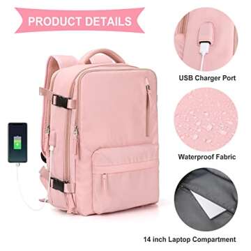 Large Travel Backpack Women, Carry On Backpack,Hiking Backpack Waterproof Outdoor Sports Rucksack Casual Daypack with Shoes Compartment, Pink
