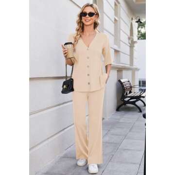 Arach&Cloz Womens 2 Piece Workout Sets Travel Outfits 2024 Button Cardigan Wide Leg Pants Pj Pajama Resort wear Sets Apricot