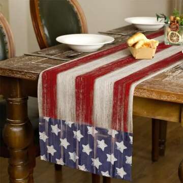 ARKENY 4th of July Memorial Day Table Runner 13x72 Inches, Star American Flag Holiday Farmhouse Stripe Burlap Indoor Kitchen Dining Patriotic Independence Table Decor for Home Party AT220-72