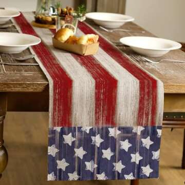 ARKENY 4th of July Memorial Day Table Runner 13x72 Inches, Star American Flag Holiday Farmhouse Stripe Burlap Indoor Kitchen Dining Patriotic Independence Table Decor for Home Party AT220-72