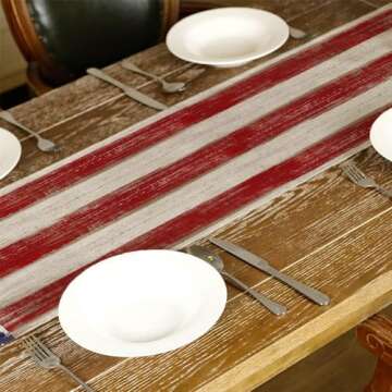 ARKENY 4th of July Memorial Day Table Runner 13x72 Inches, Star American Flag Holiday Farmhouse Stripe Burlap Indoor Kitchen Dining Patriotic Independence Table Decor for Home Party AT220-72