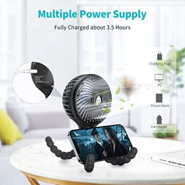 SMARTDEVIL Stroller Fan, 3000mAh Portable Clip on Stroller Fan for Baby, 3 Speed Battery Operated Personal Desk Fan with Flexible Tripod, Mini Handheld Fan for Car Seat, Treadmill, Camping (Black)