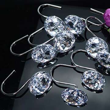 TOAOB Shower Curtain Hooks Rings Clear Diamond Crystal Decorative Shower Curtain Hooks for Bathroom Rust Resistant Stainless Steel Shower Rings Set of 12 Hooks Decorative Curtains Rods and Liners