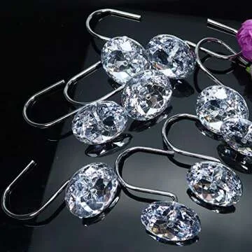 TOAOB Shower Curtain Hooks Rings Clear Diamond Crystal Decorative Shower Curtain Hooks for Bathroom Rust Resistant Stainless Steel Shower Rings Set of 12 Hooks Decorative Curtains Rods and Liners