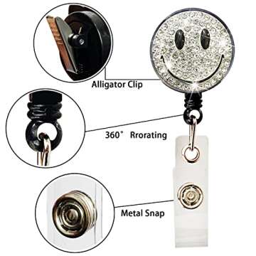 bestchoice000 Smiley Retractable Badge Holders, Bling Smiley Badge Reels With Alligator Clip Cute Name Id Card Badge Holder For Nurses, Doctors, Student, Office Worker, Office Employee (F-4)
