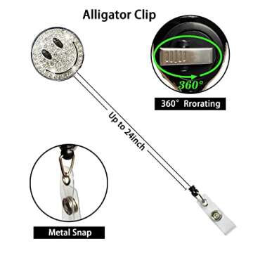 bestchoice000 Smiley Retractable Badge Holders, Bling Smiley Badge Reels With Alligator Clip Cute Name Id Card Badge Holder For Nurses, Doctors, Student, Office Worker, Office Employee (F-4)