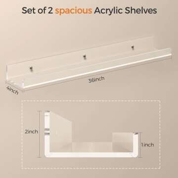 Famyards 24 inch Clear Acrylic Floating Shelves Wall, Bookshelf for Kids, Magazine Rack, Picture Ledge Shelf Storage of Books,Picture, Vinyl Records and Small Ornaments on Wall, Pack of 2
